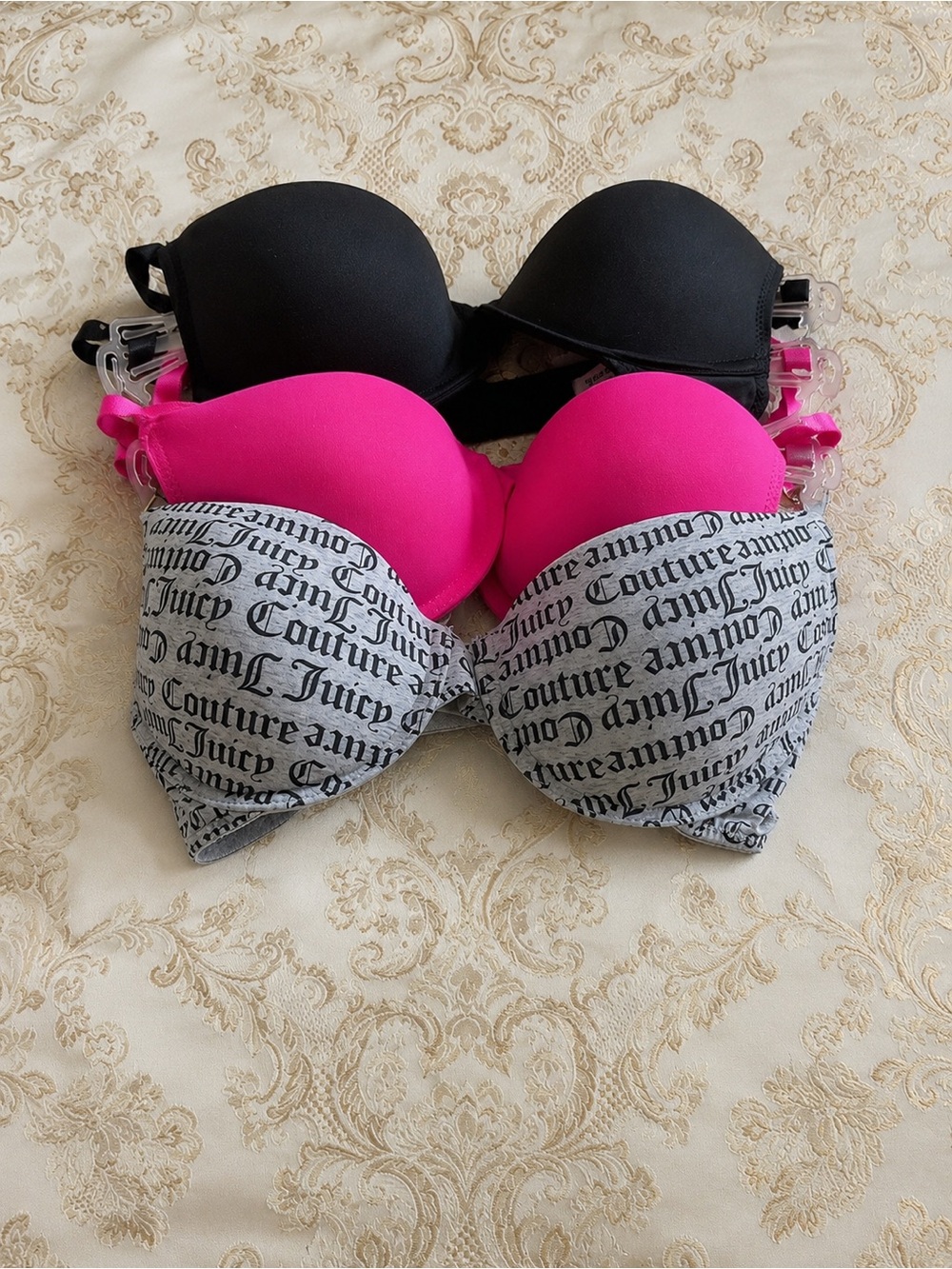 Juicy Couture Hot Pink, Black & Gray Logo-Print Bra Trio